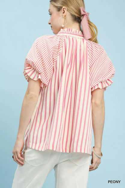 Umgee Striped Notched Top with Short Flutter Sleeves - Bitsy Gypsy Boutique
