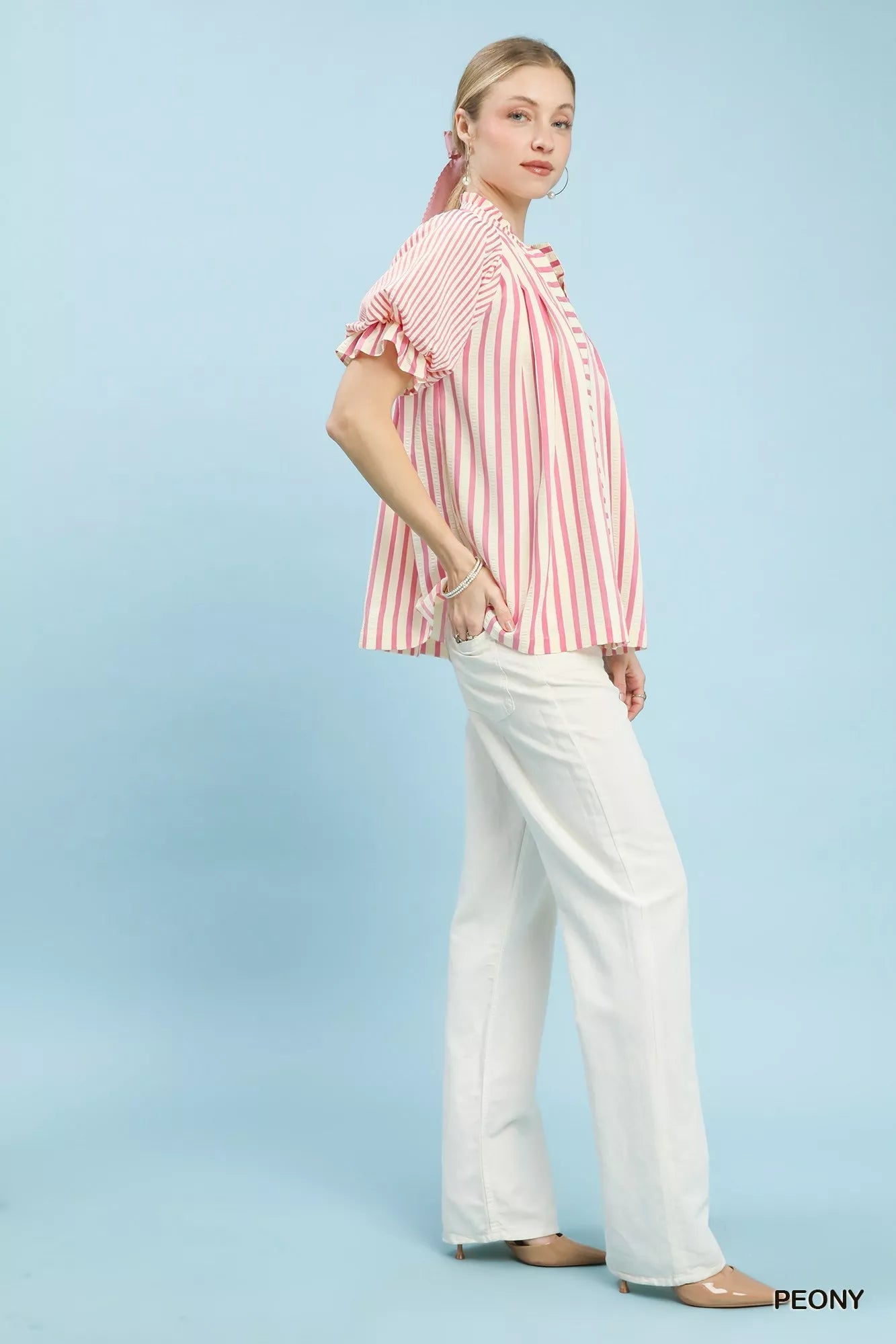 Umgee Striped Notched Top with Short Flutter Sleeves - Bitsy Gypsy Boutique
