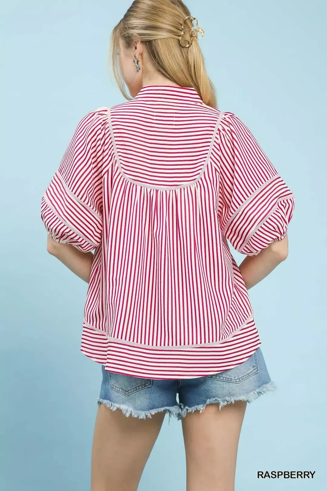 Umgee Striped Puff Sleeve Babydoll Top - Bitsy Gypsy Boutique