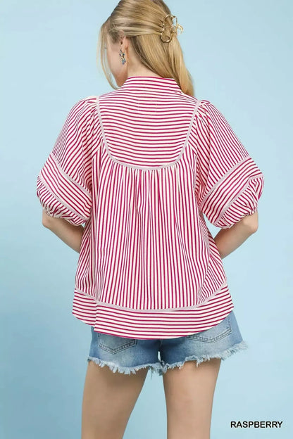 Umgee Striped Puff Sleeve Babydoll Top - Bitsy Gypsy Boutique