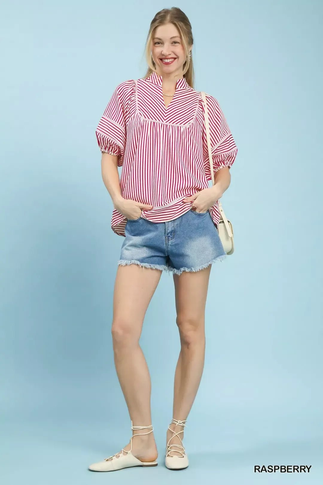 Umgee Striped Puff Sleeve Babydoll Top - Bitsy Gypsy Boutique