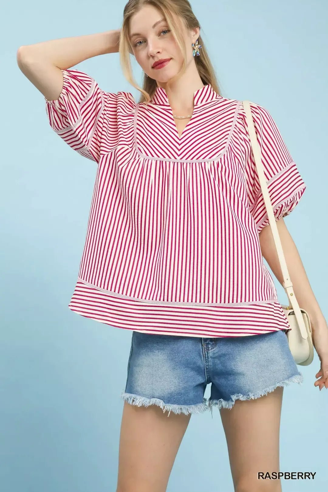 Umgee Striped Puff Sleeve Babydoll Top - Bitsy Gypsy Boutique