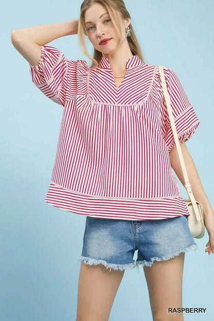 Umgee Striped Puff Sleeve Babydoll Top - Bitsy Gypsy Boutique
