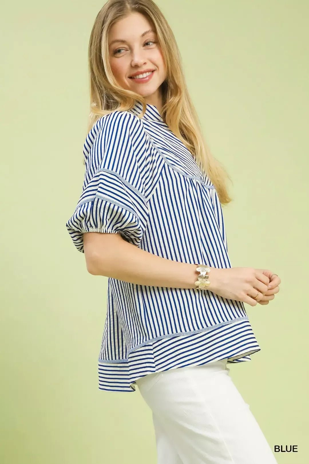 Umgee Striped Puff Sleeve Babydoll Top - Bitsy Gypsy Boutique