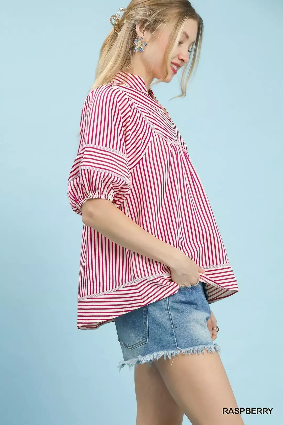 Umgee Striped Puff Sleeve Babydoll Top - Bitsy Gypsy Boutique