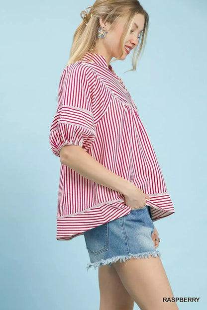 Umgee Striped Puff Sleeve Babydoll Top - Bitsy Gypsy Boutique