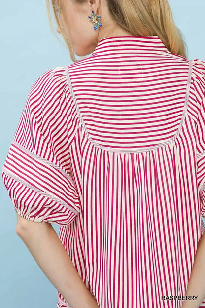 Umgee Striped Puff Sleeve Babydoll Top - Bitsy Gypsy Boutique