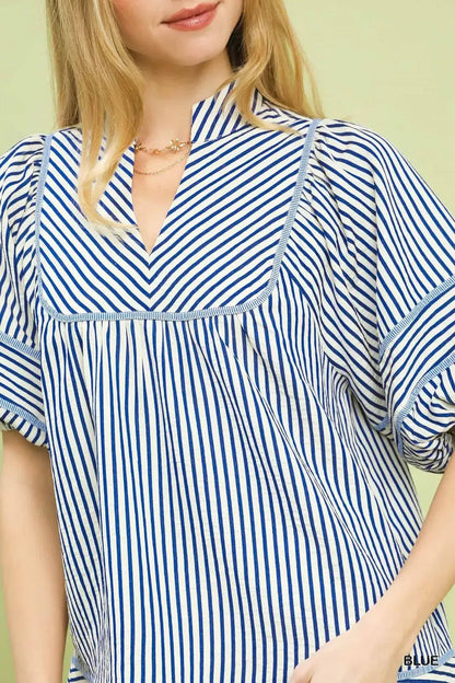 Umgee Striped Puff Sleeve Babydoll Top - Bitsy Gypsy Boutique