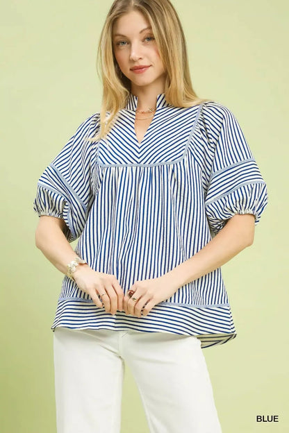 Umgee Striped Puff Sleeve Babydoll Top - Bitsy Gypsy Boutique
