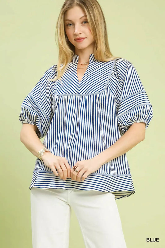 Umgee Striped Puff Sleeve Babydoll Top - Bitsy Gypsy Boutique