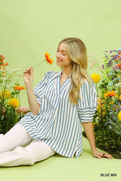 Umgee Striped Puff Sleeve Blouse - Bitsy Gypsy Boutique