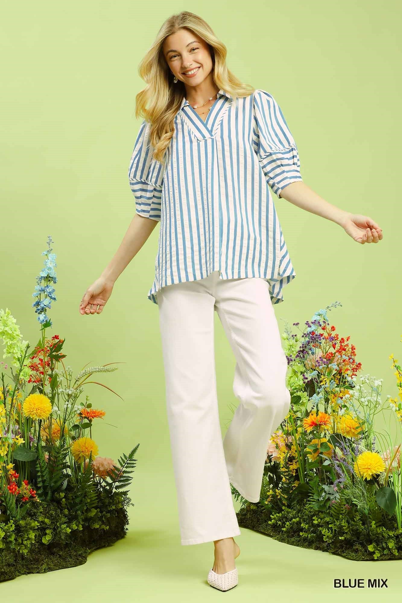 Umgee Striped Puff Sleeve Blouse - Bitsy Gypsy Boutique
