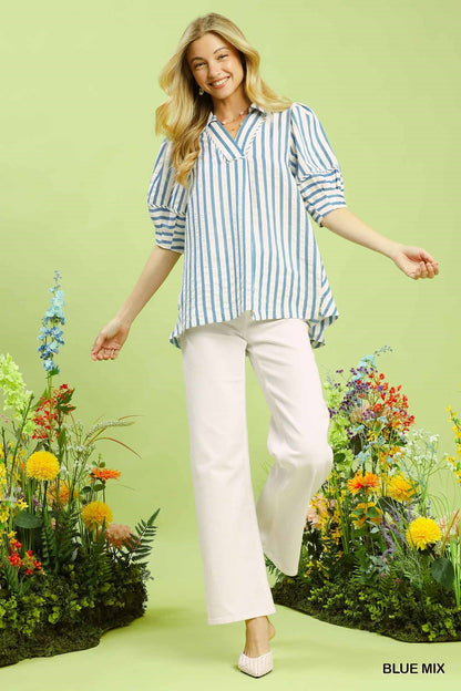 Umgee Striped Puff Sleeve Blouse - Bitsy Gypsy Boutique