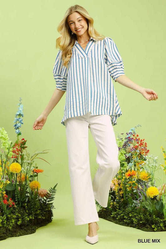 Umgee Striped Puff Sleeve Blouse - Bitsy Gypsy Boutique