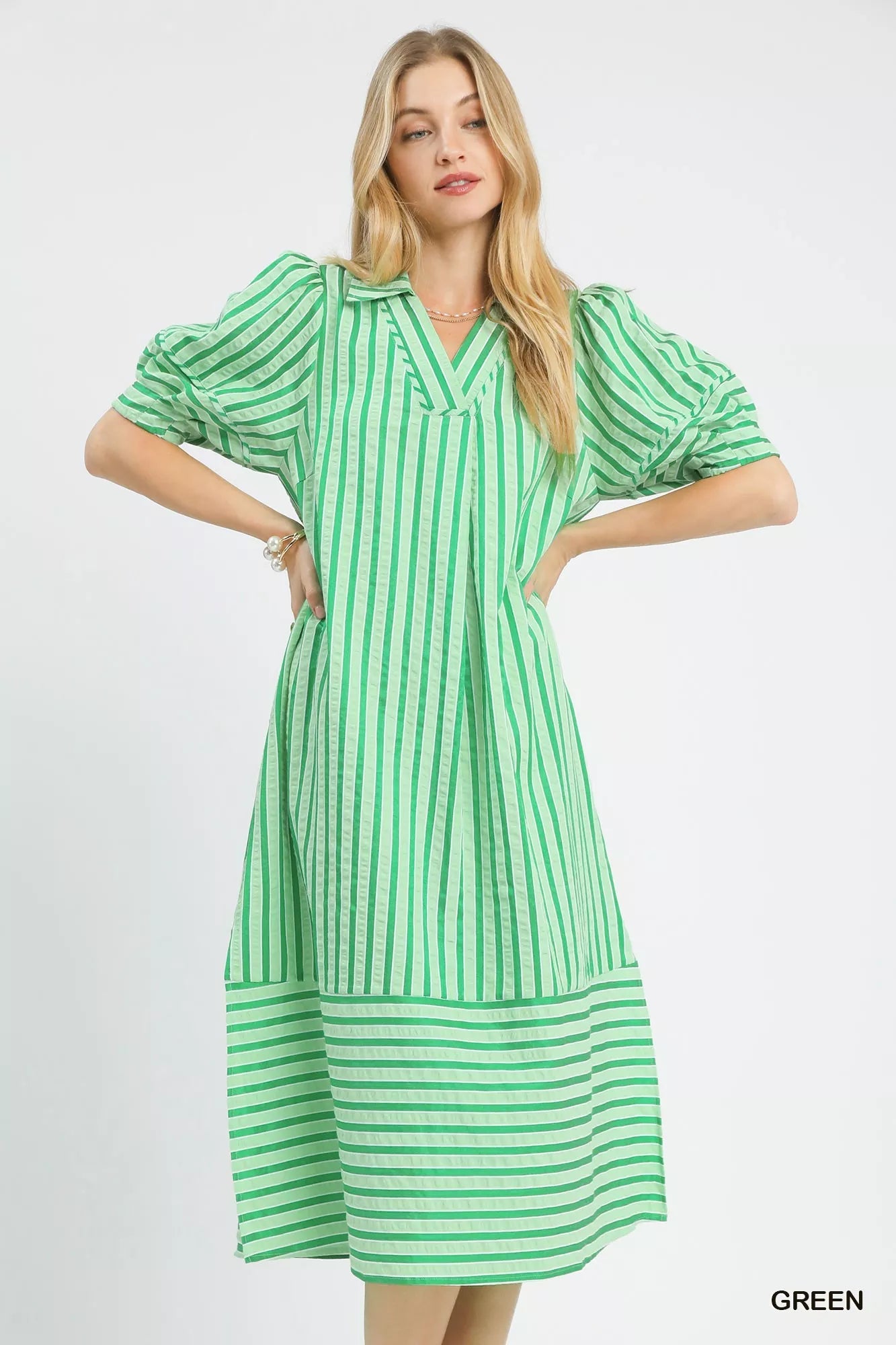 Umgee Striped Puff Sleeve Midi Dress - Bitsy Gypsy Boutique