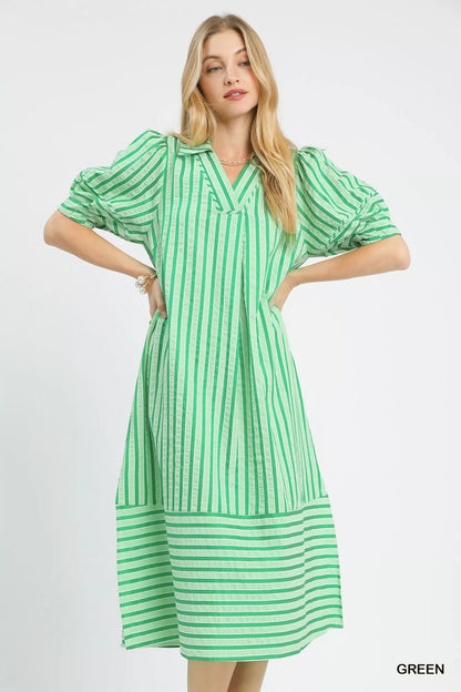 Umgee Striped Puff Sleeve Midi Dress - Bitsy Gypsy Boutique