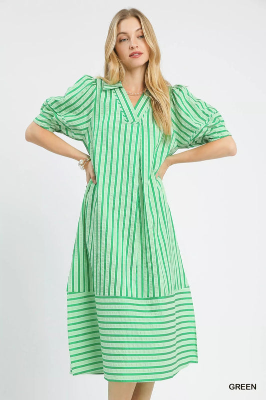 Umgee Striped Puff Sleeve Midi Dress - Bitsy Gypsy Boutique