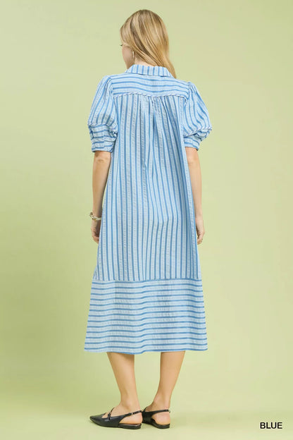 Umgee Striped Puff Sleeve Midi Dress - Bitsy Gypsy Boutique
