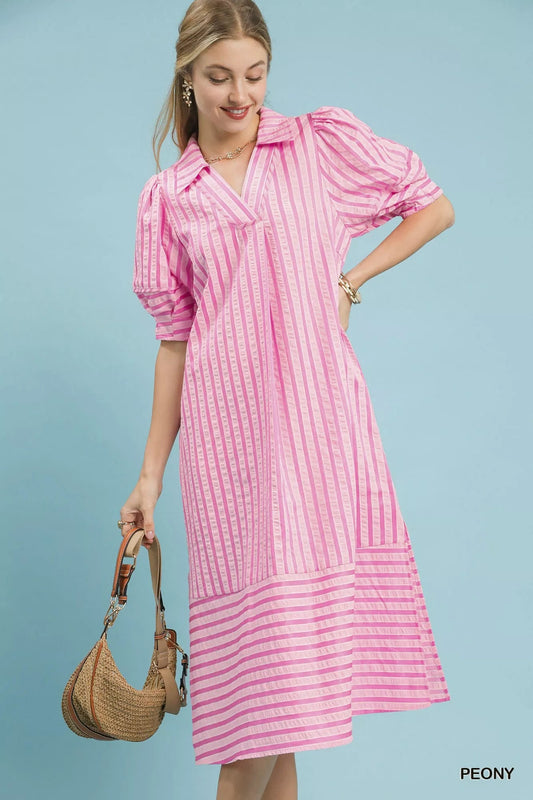 Umgee Striped Puff Sleeve Midi Dress - Bitsy Gypsy Boutique