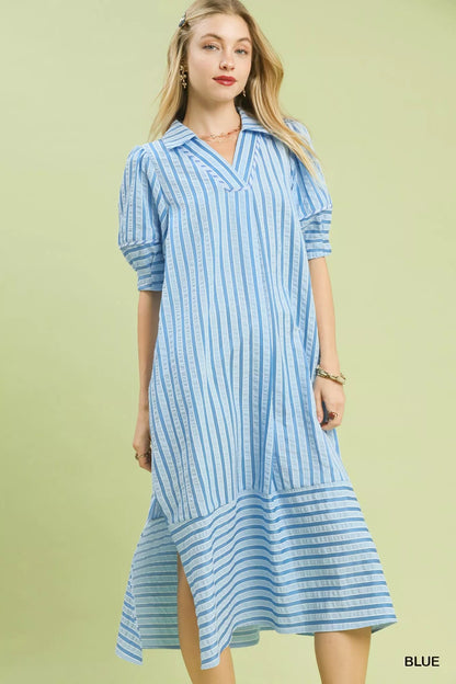 Umgee Striped Puff Sleeve Midi Dress - Bitsy Gypsy Boutique
