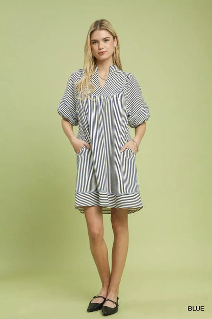 Umgee Striped Puff Sleeve Shift Dress - Bitsy Gypsy Boutique