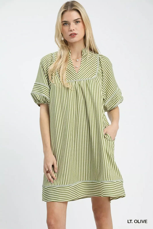 Umgee Striped Puff Sleeve Shift Dress - Bitsy Gypsy Boutique