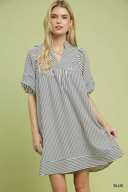 Umgee Striped Puff Sleeve Shift Dress - Bitsy Gypsy Boutique