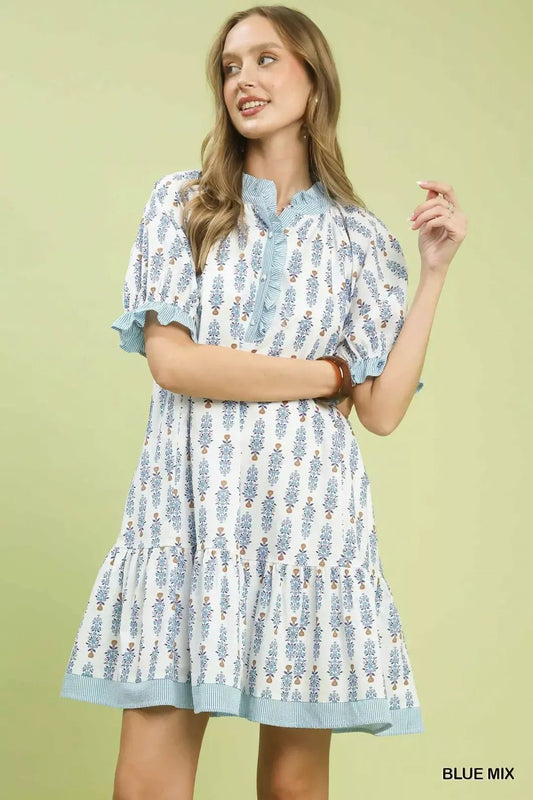 Umgee Striped Trim Floral Tiered Mini Dress - Bitsy Gypsy Boutique