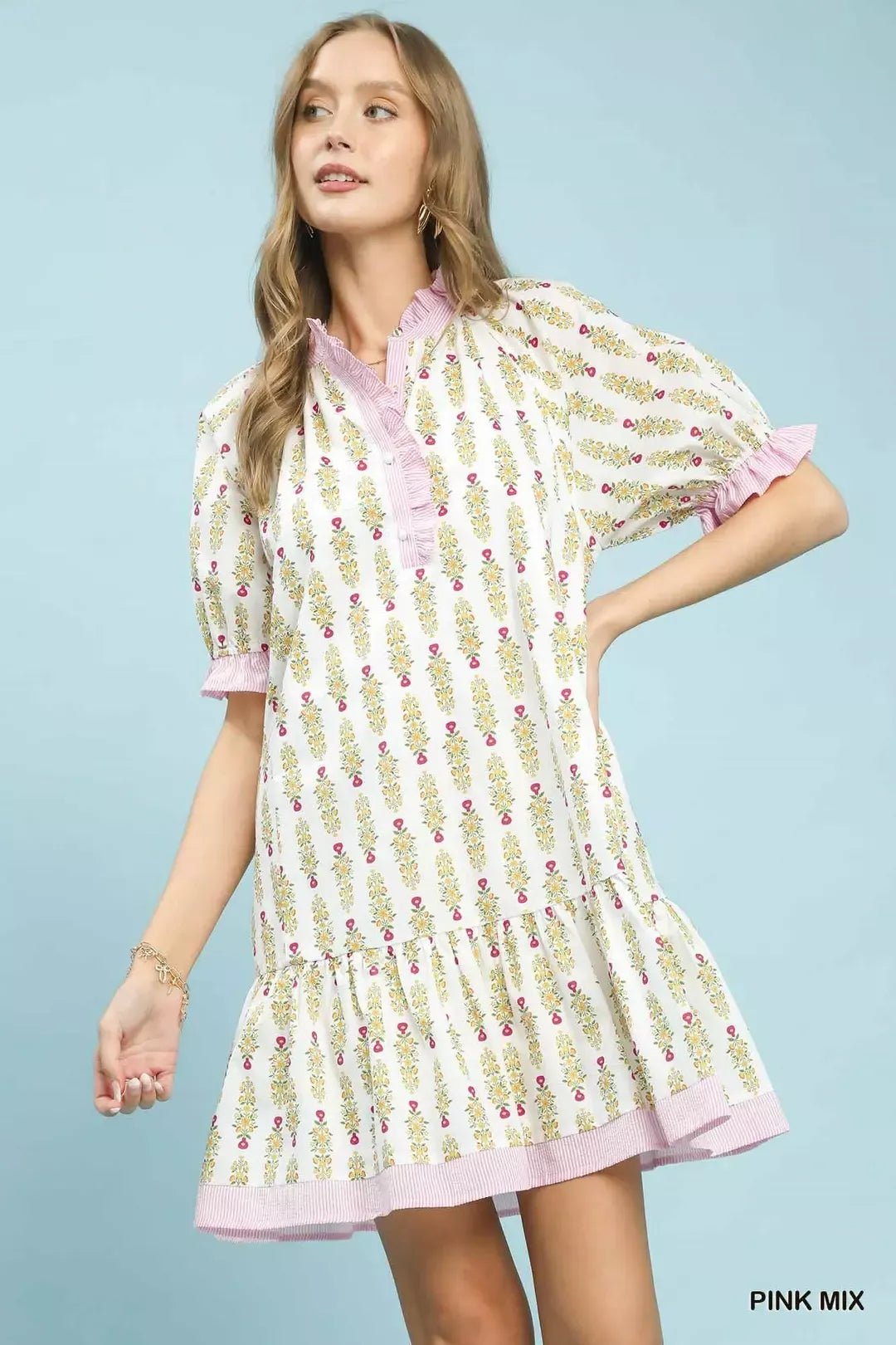 Umgee Striped Trim Floral Tiered Mini Dress - Bitsy Gypsy Boutique