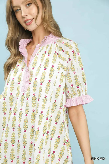 Umgee Striped Trim Floral Tiered Mini Dress - Bitsy Gypsy Boutique