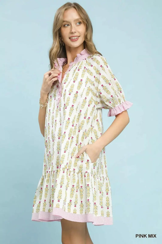 Umgee Striped Trim Floral Tiered Mini Dress - Bitsy Gypsy Boutique