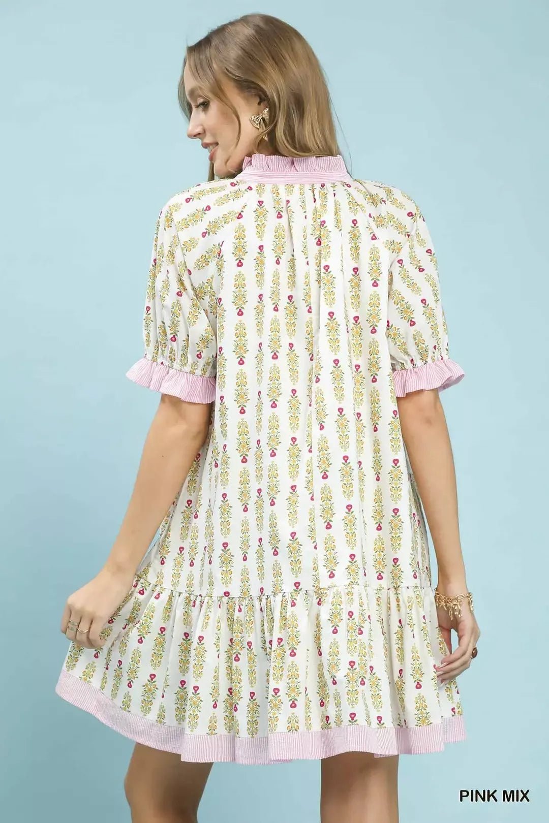 Umgee Striped Trim Floral Tiered Mini Dress - Bitsy Gypsy Boutique