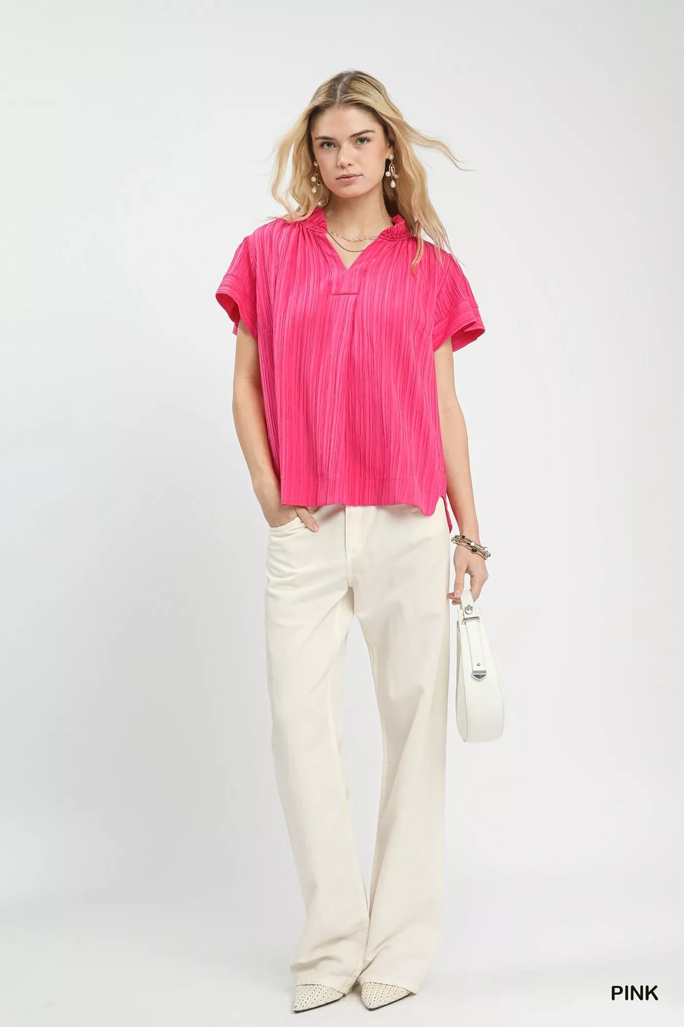 Umgee Texture Flutter Sleeve Notched Blouse - Bitsy Gypsy Boutique