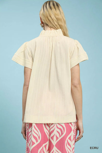 Umgee Texture Flutter Sleeve Notched Blouse - Bitsy Gypsy Boutique