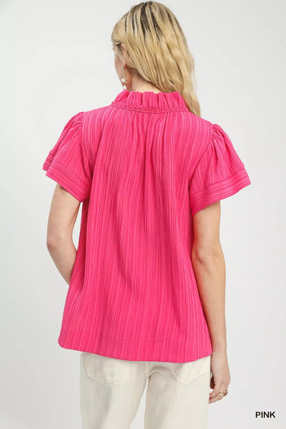 Umgee Texture Flutter Sleeve Notched Blouse - Bitsy Gypsy Boutique