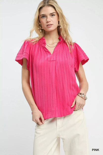 Umgee Texture Flutter Sleeve Notched Blouse - Bitsy Gypsy Boutique