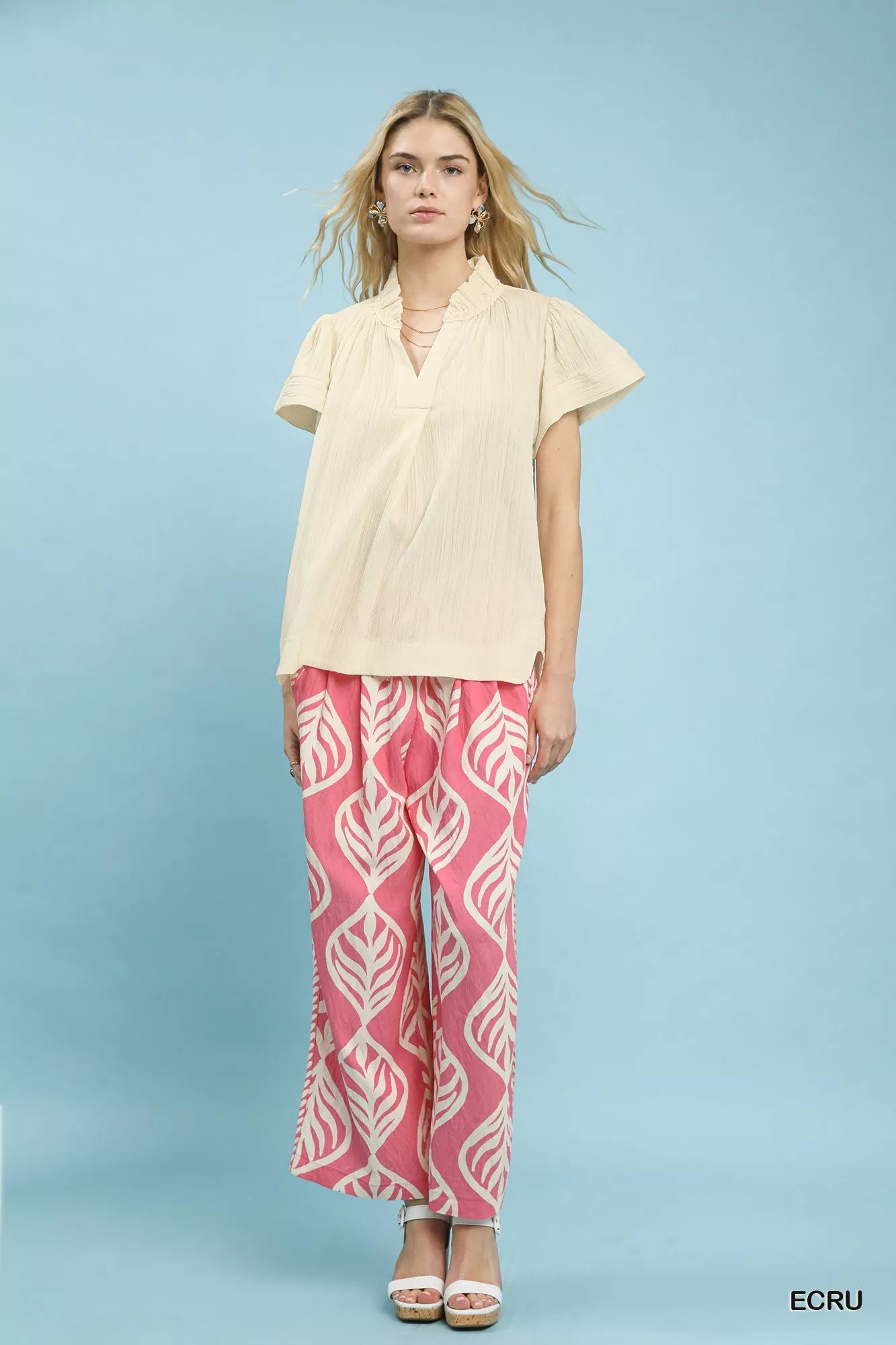 Umgee Texture Flutter Sleeve Notched Blouse - Bitsy Gypsy Boutique