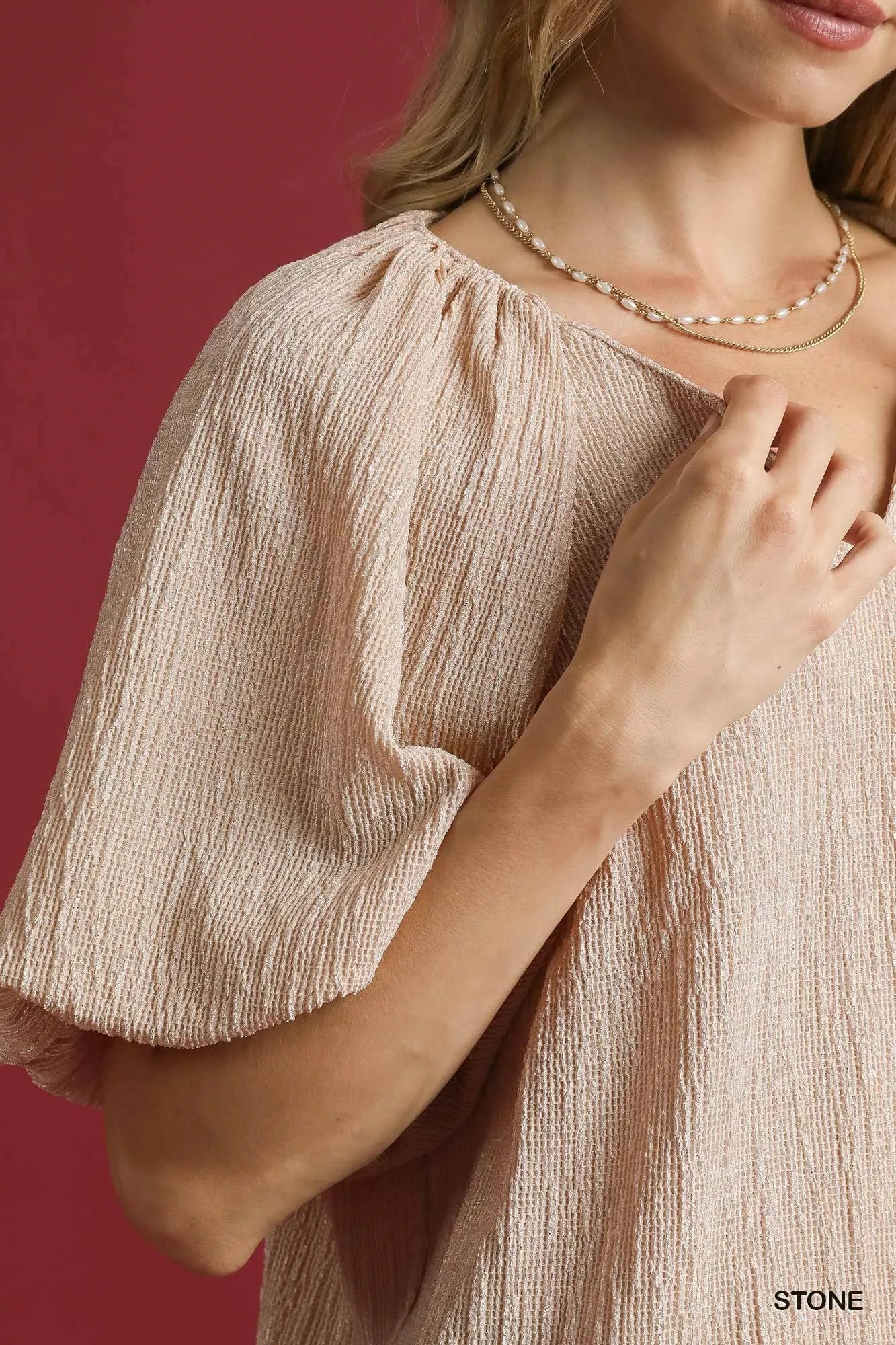 Umgee Texture Puff Sleeve Notched Blouse - Bitsy Gypsy Boutique