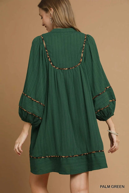 Umgee Textured Babydoll Dress with Leopard Trim - Bitsy Gypsy Boutique