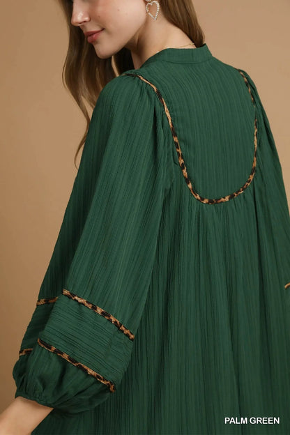 Umgee Textured Babydoll Dress with Leopard Trim - Bitsy Gypsy Boutique