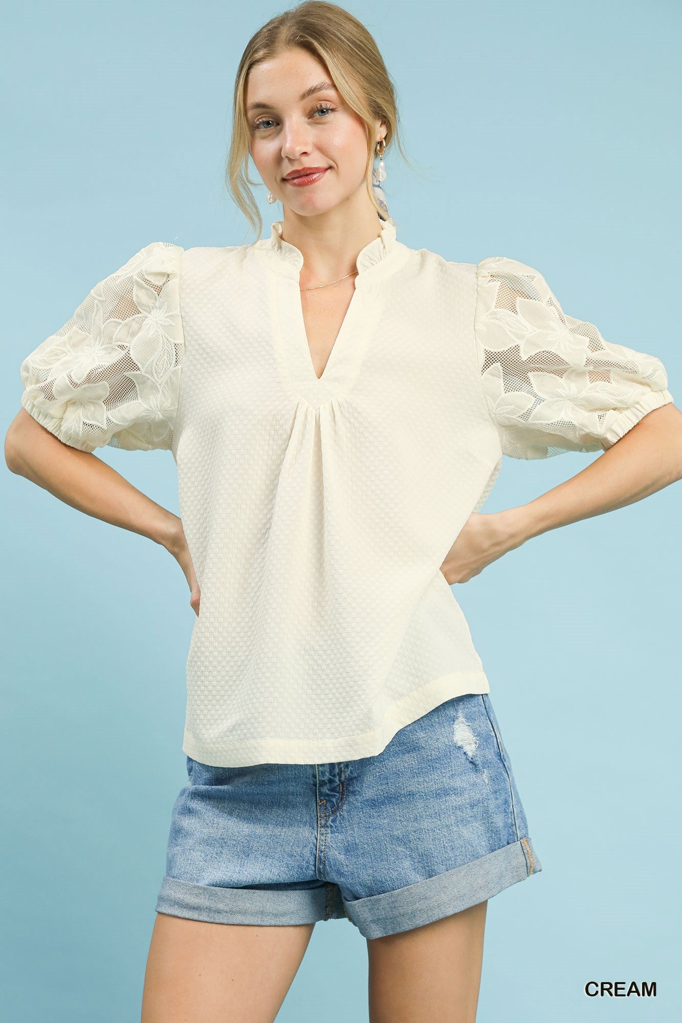 Umgee Textured Blouse with Lace Contrast Sleeves - Bitsy Gypsy Boutique