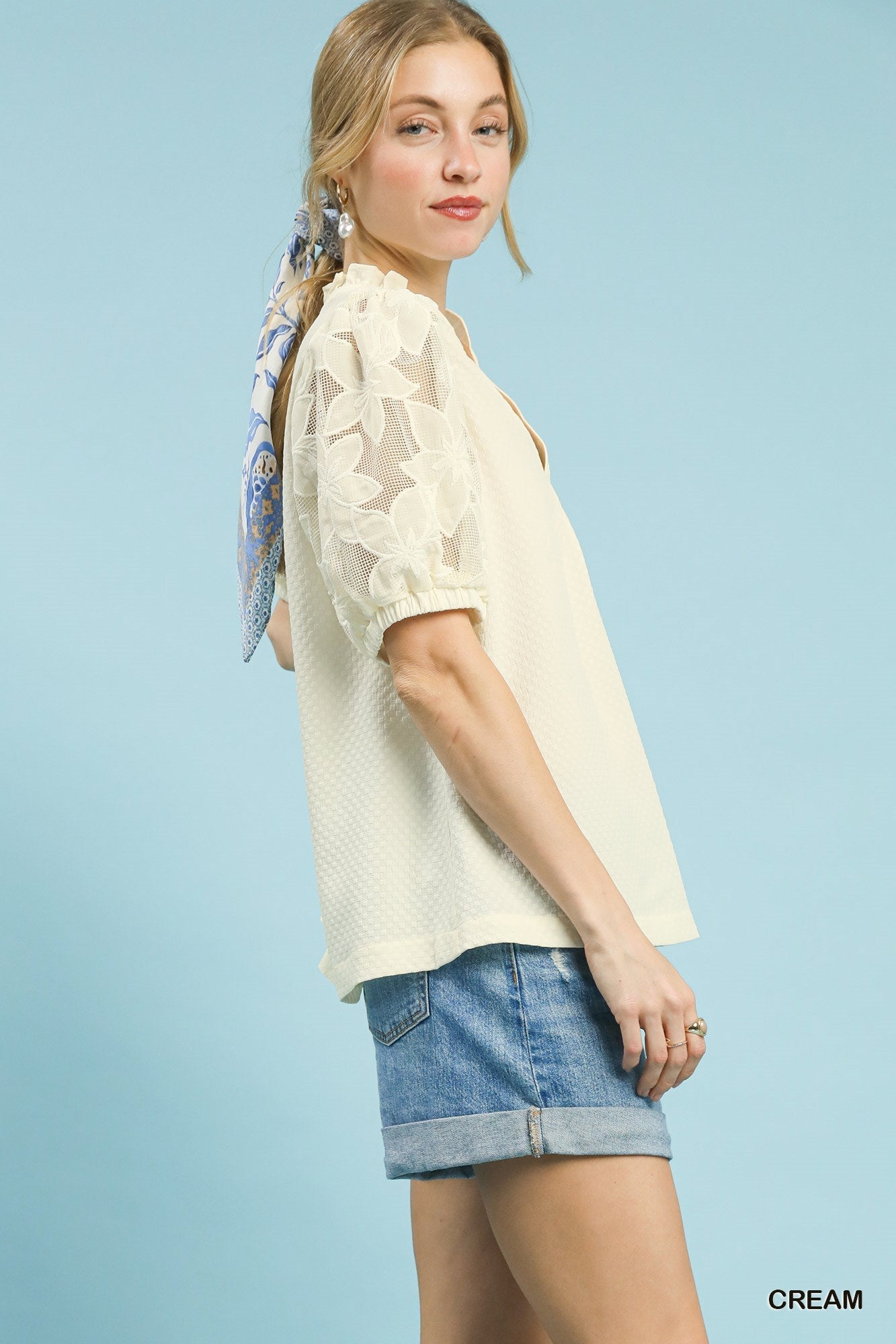 Umgee Textured Blouse with Lace Contrast Sleeves - Bitsy Gypsy Boutique