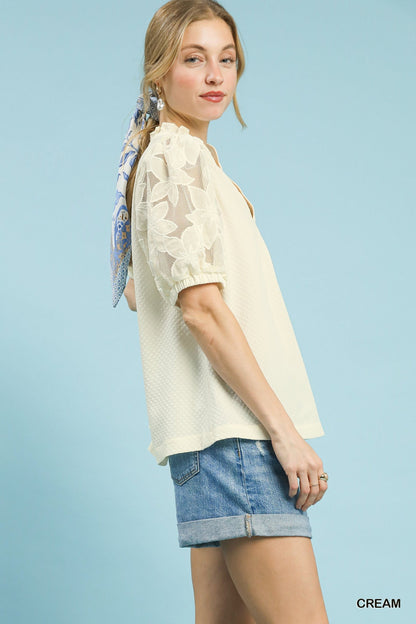 Umgee Textured Blouse with Lace Contrast Sleeves - Bitsy Gypsy Boutique