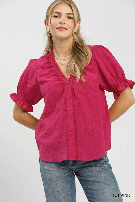 Umgee Textured Button - Front Puff Sleeve Top - Bitsy Gypsy Boutique