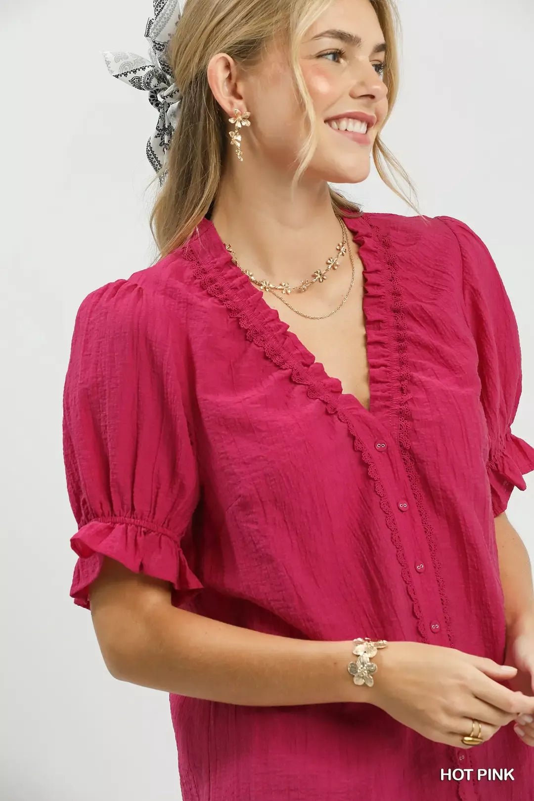 Umgee Textured Button - Front Puff Sleeve Top - Bitsy Gypsy Boutique