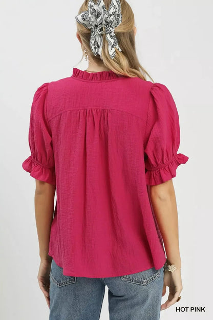 Umgee Textured Button - Front Puff Sleeve Top - Bitsy Gypsy Boutique