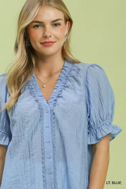 Umgee Textured Button - Front Puff Sleeve Top - Bitsy Gypsy Boutique