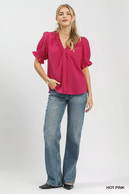 Umgee Textured Button - Front Puff Sleeve Top - Bitsy Gypsy Boutique