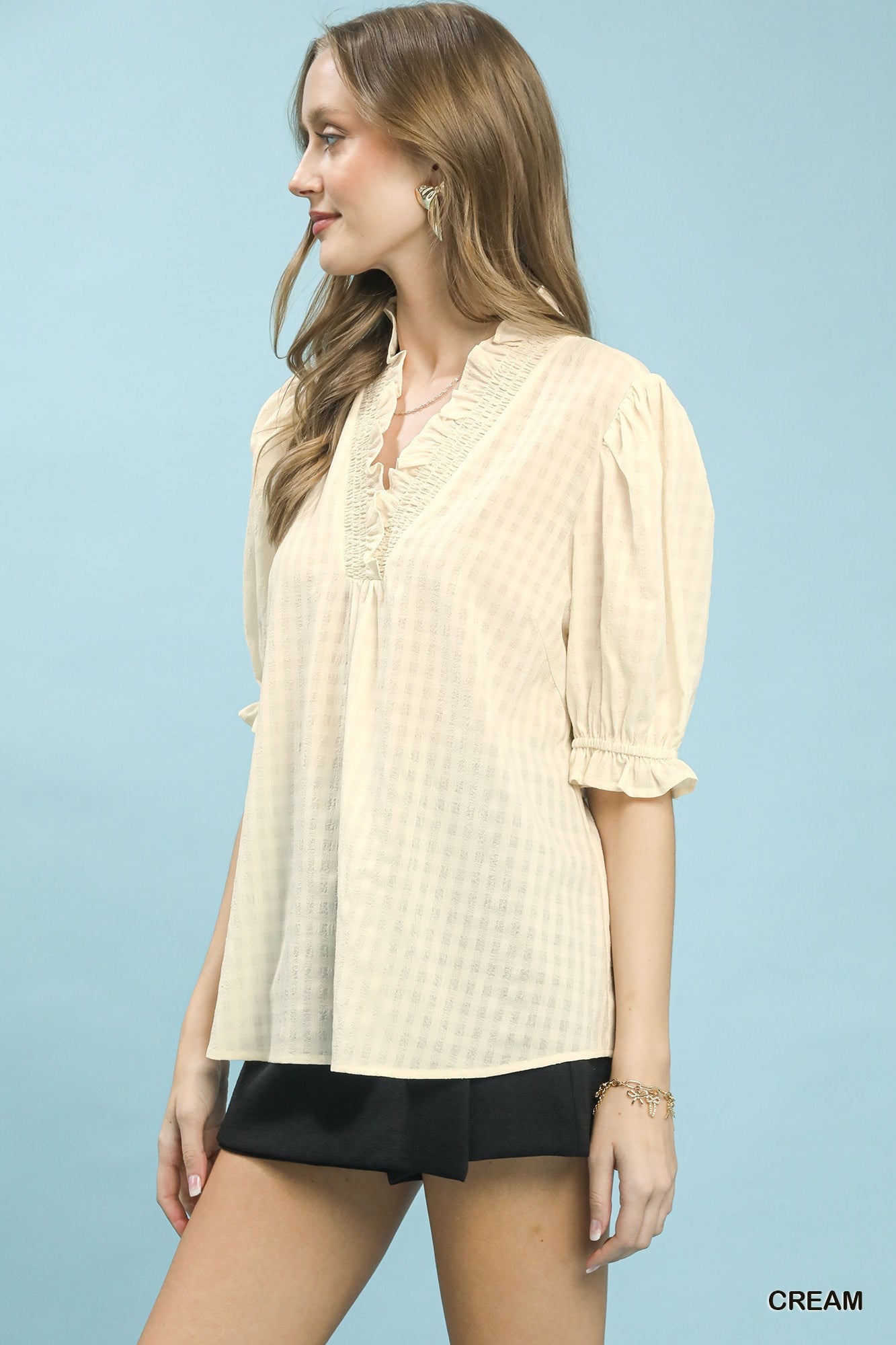 Umgee Textured Check Ruffle V - Neck Blouse - Bitsy Gypsy Boutique