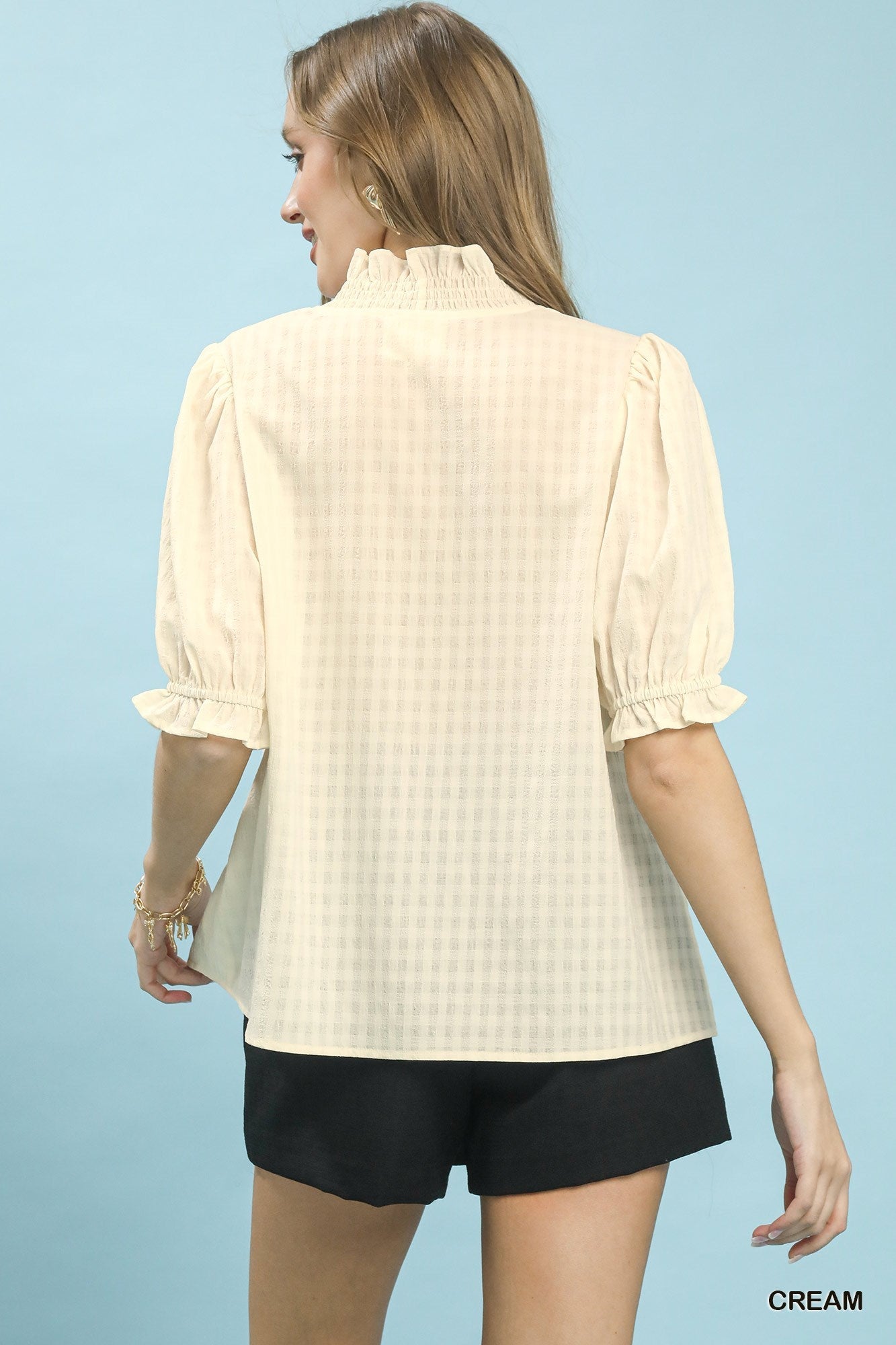 Umgee Textured Check Ruffle V - Neck Blouse - Bitsy Gypsy Boutique